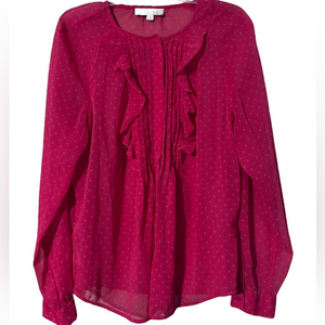 Loft Pull Over Red w. Gold Stars Elastic‎ Cuff Ruffle Front Sheer Blouse Size XL